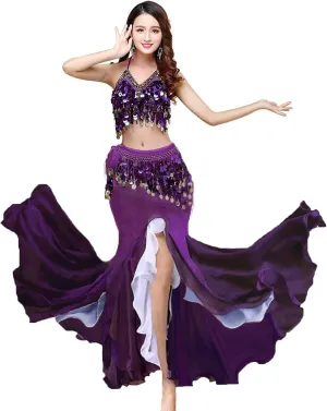 Women's Belly Dance Dress Belly Crop Top Bra Top and Belt Chiffon Dancing Split Skirt Costume 3-Piece Outfit