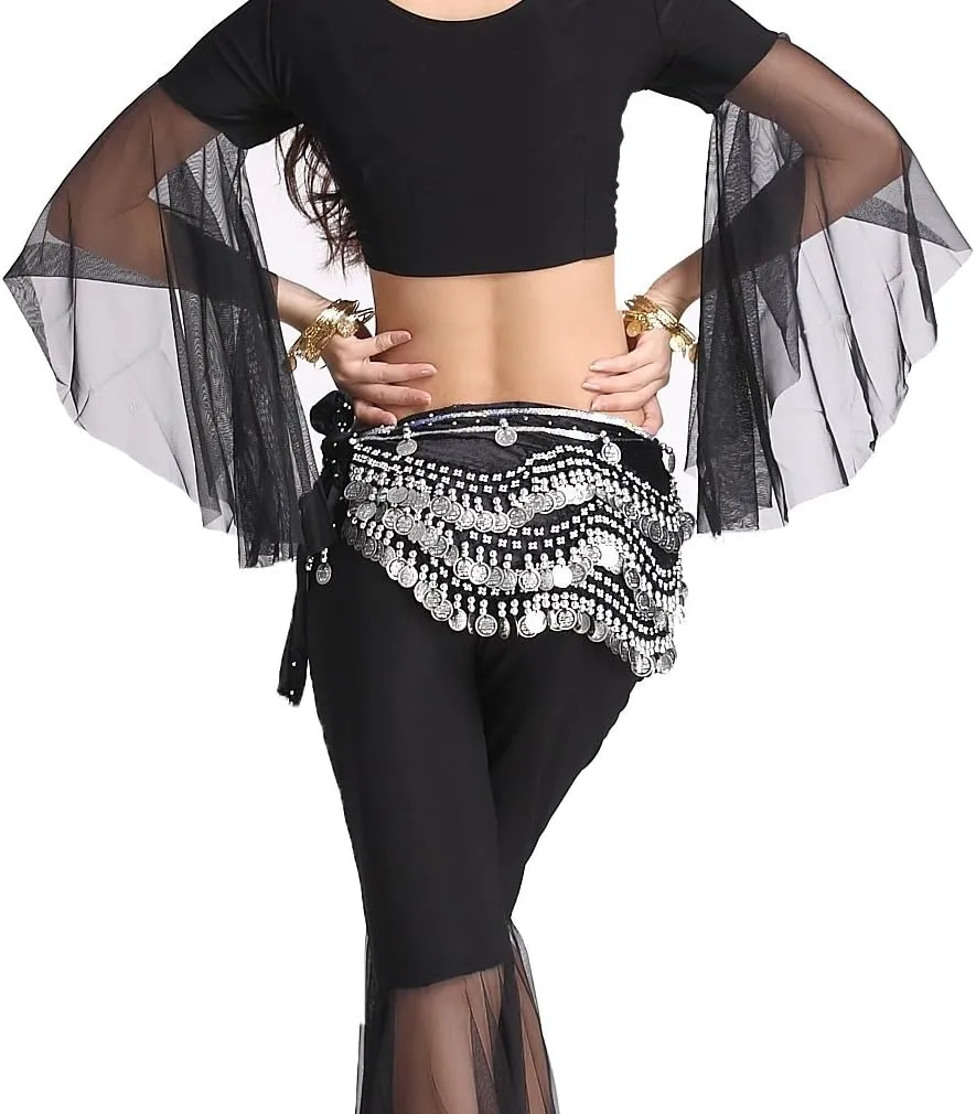 Women's Belly Dance Wave Shape Hip Scarf With Silver Coins