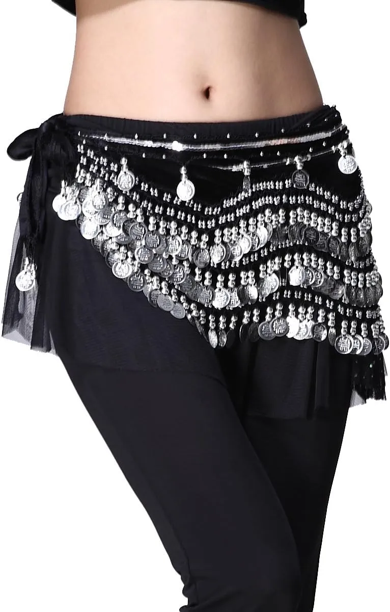 Women's Belly Dance Wave Shape Hip Scarf With Silver Coins