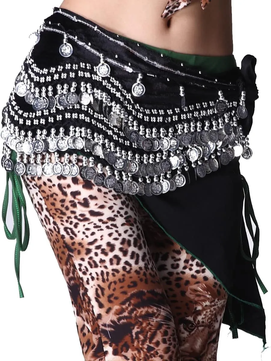 Women's Belly Dance Wave Shape Hip Scarf With Silver Coins