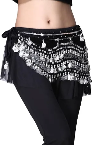 Women's Belly Dance Wave Shape Hip Scarf With Silver Coins