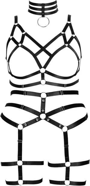Women's Body Harness Bra Fashion Plus Size Cage Bra Cutout Stockings Garter Set Punk Gothic Carnival Dance Costume (Black C)