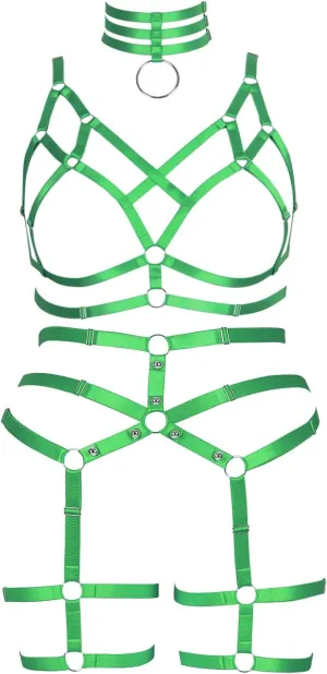 Women's Body Harness Bra Fashion Plus Size Cage Bra Cutout Stockings Garter Set Punk Gothic Carnival Dance Costume