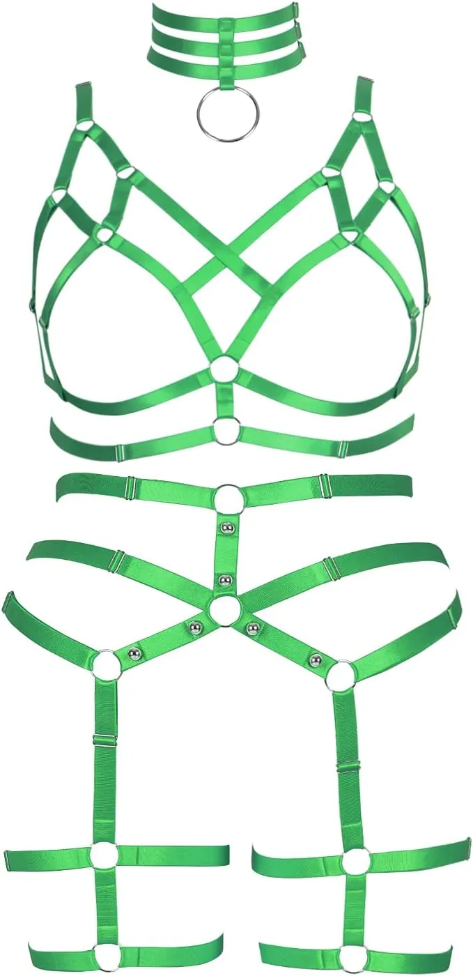 Women's Body Harness Bra Fashion Plus Size Cage Bra Cutout Stockings Garter Set Punk Gothic Carnival Dance Costume