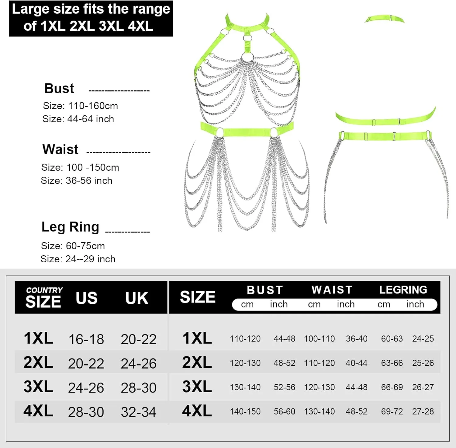 Women's Body Harness Bra Fashion Plus Size Cage Metal Chain Bra Stockings Garter Set Punk Carnival Gothic Dance Costume