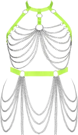 Women's Body Harness Bra Fashion Plus Size Cage Metal Chain Bra Stockings Garter Set Punk Carnival Gothic Dance Costume