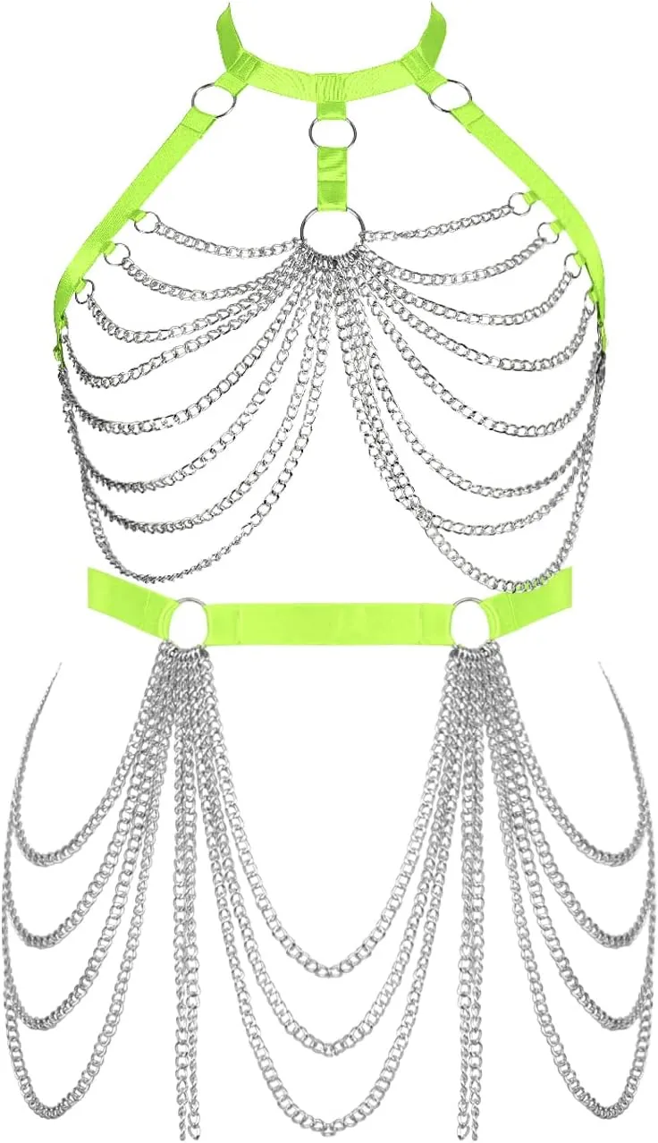 Women's Body Harness Bra Fashion Plus Size Cage Metal Chain Bra Stockings Garter Set Punk Carnival Gothic Dance Costume