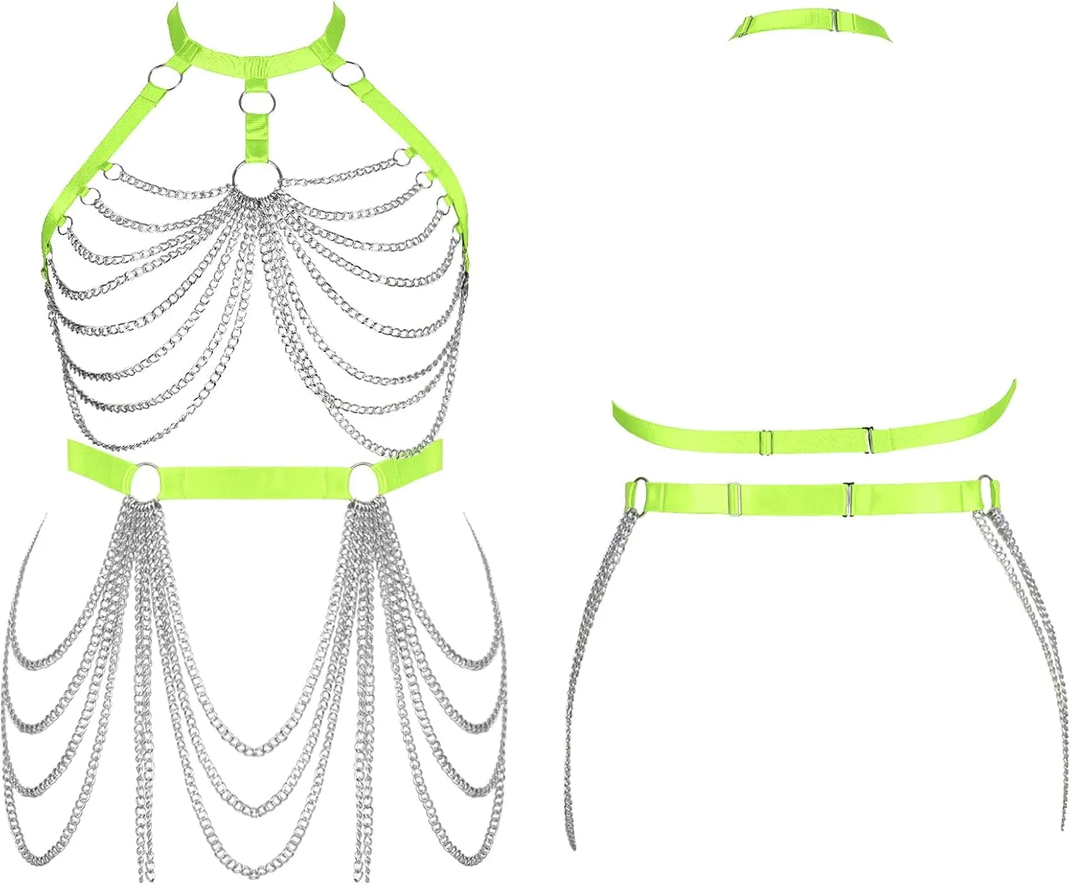 Women's Body Harness Bra Fashion Plus Size Cage Metal Chain Bra Stockings Garter Set Punk Carnival Gothic Dance Costume