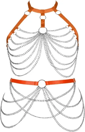 Women's Body Harness Bra Lingerie Plus Size Hollow Cage Metal Chain Bra Garter Set Carnival Punk Gothic Dance Costume