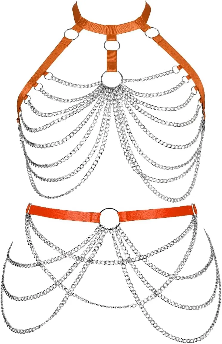 Women's Body Harness Bra Lingerie Plus Size Hollow Cage Metal Chain Bra Garter Set Carnival Punk Gothic Dance Costume