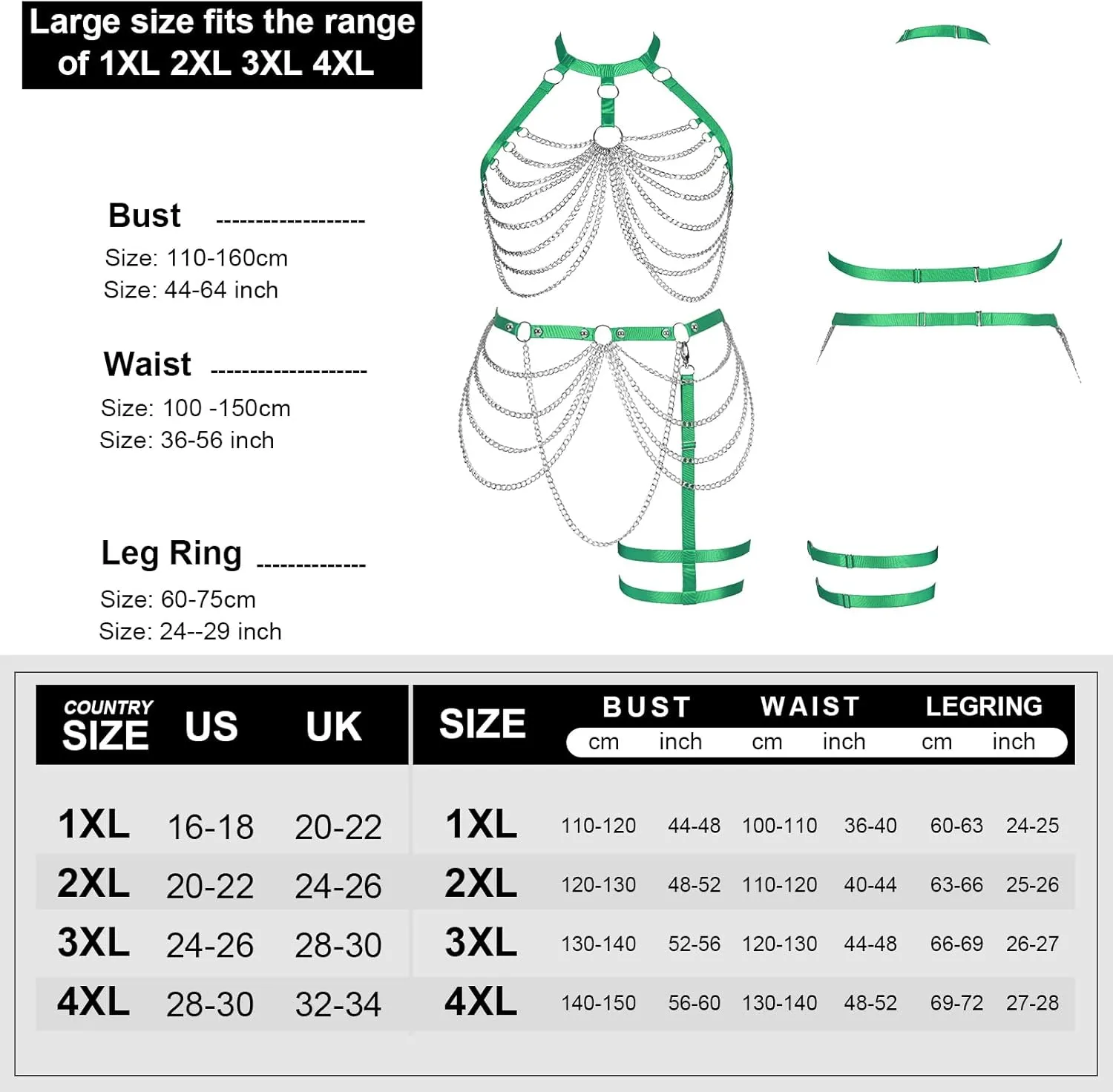 Women's Body Harness Bra Plus Size Cage Metal Chain Bra Stockings Fashion Garter Set Punk Gothic Carnival Dance Costume