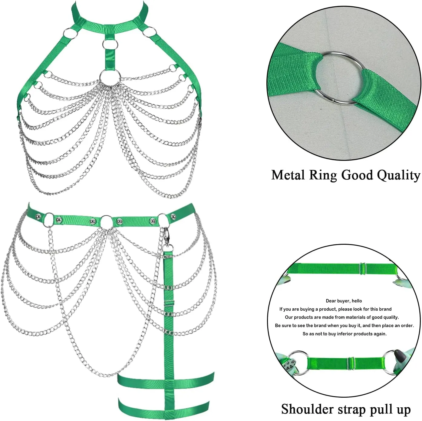 Women's Body Harness Bra Plus Size Cage Metal Chain Bra Stockings Fashion Garter Set Punk Gothic Carnival Dance Costume