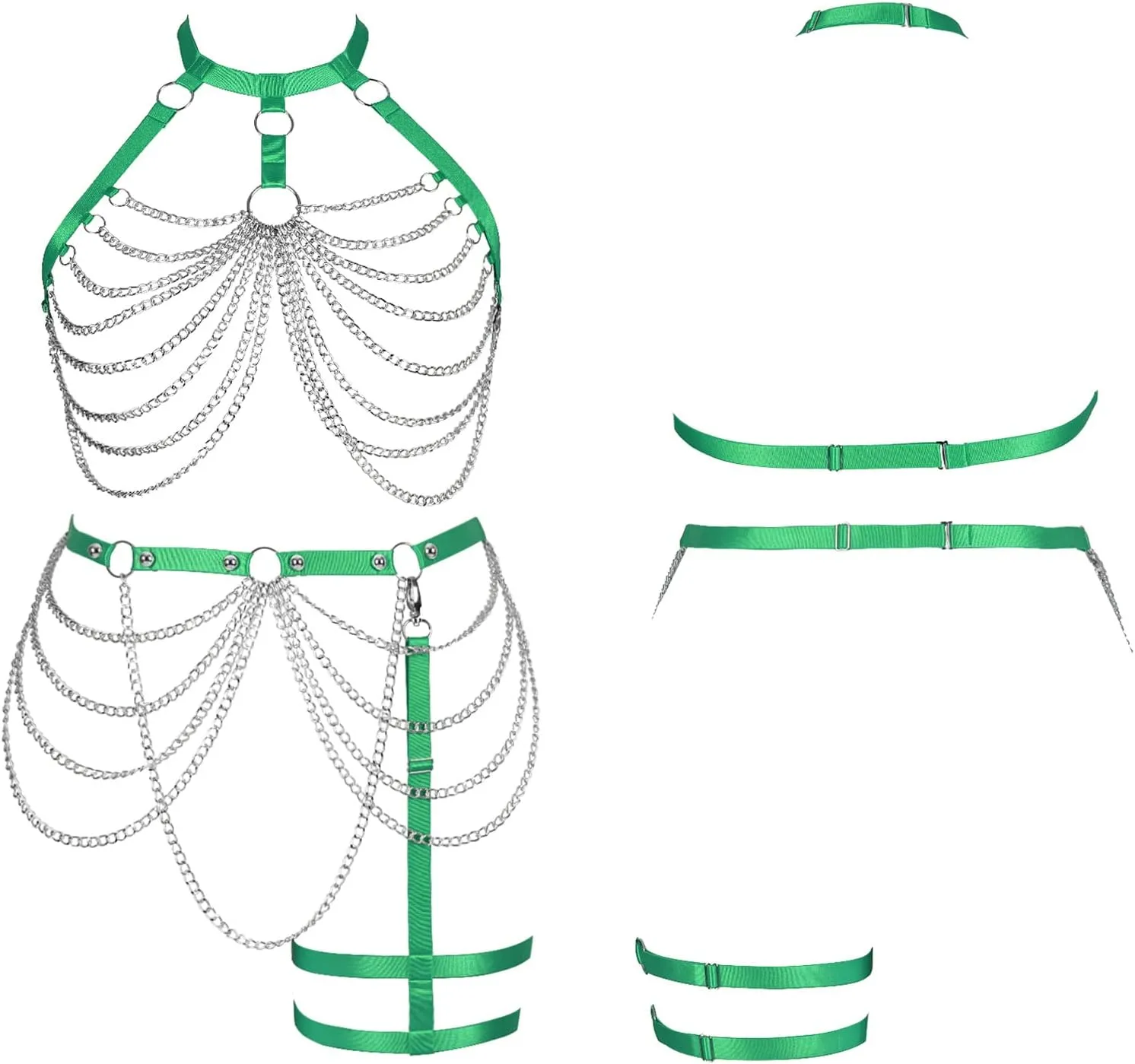 Women's Body Harness Bra Plus Size Cage Metal Chain Bra Stockings Fashion Garter Set Punk Gothic Carnival Dance Costume