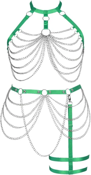 Women's Body Harness Bra Plus Size Cage Metal Chain Bra Stockings Fashion Garter Set Punk Gothic Carnival Dance Costume