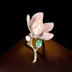 Women'S Brooches Elegant Vintage Natural Baroque Freshwater Pearl Drip Oil Brooch Elegant Classical Magnolia Flower Blazer Accessories, Pink