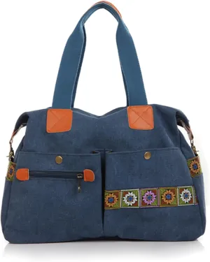 Women’s Canvas Vintage Boho Embroidery Crossbody Shoulder Handbag With Multi Pockets