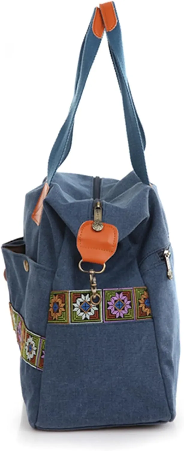 Women’s Canvas Vintage Boho Embroidery Crossbody Shoulder Handbag With Multi Pockets
