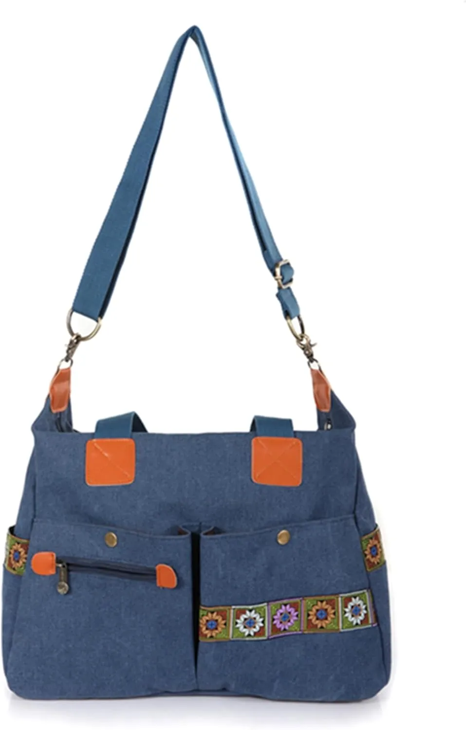 Women’s Canvas Vintage Boho Embroidery Crossbody Shoulder Handbag With Multi Pockets