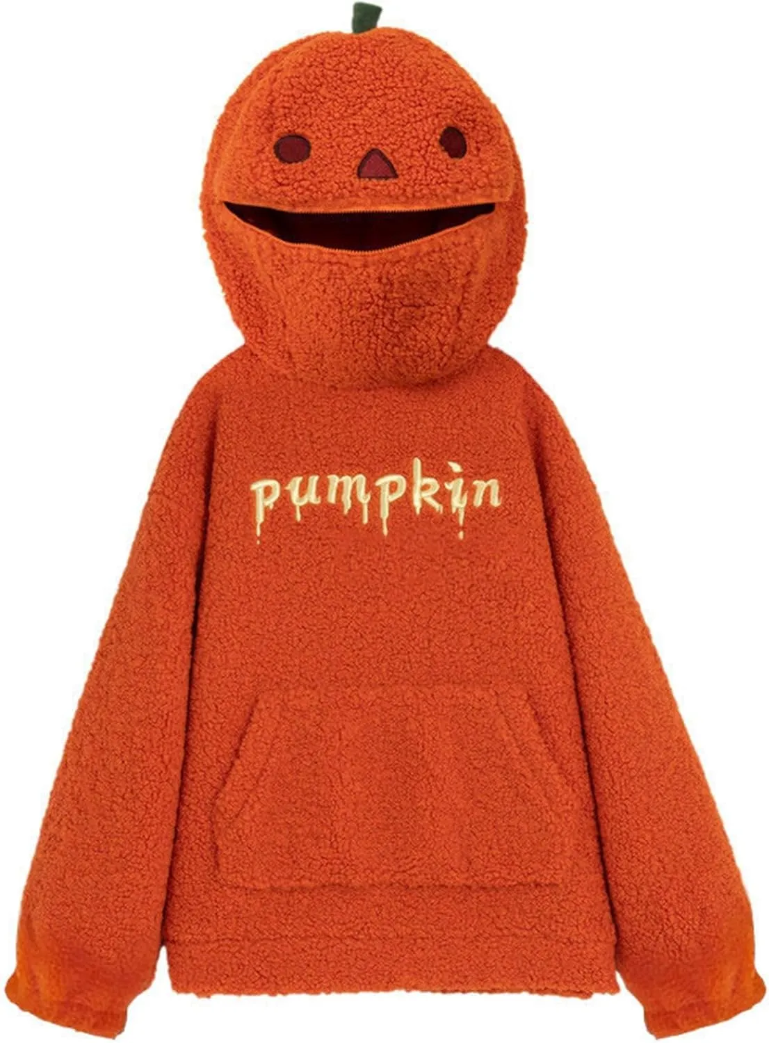 Womens Cute Pumpkin Hoodies Oversized Sherpa Fuzzy Warm Pullover Kawaii Hooded Sweatshirts Funny Halloween Costumes
