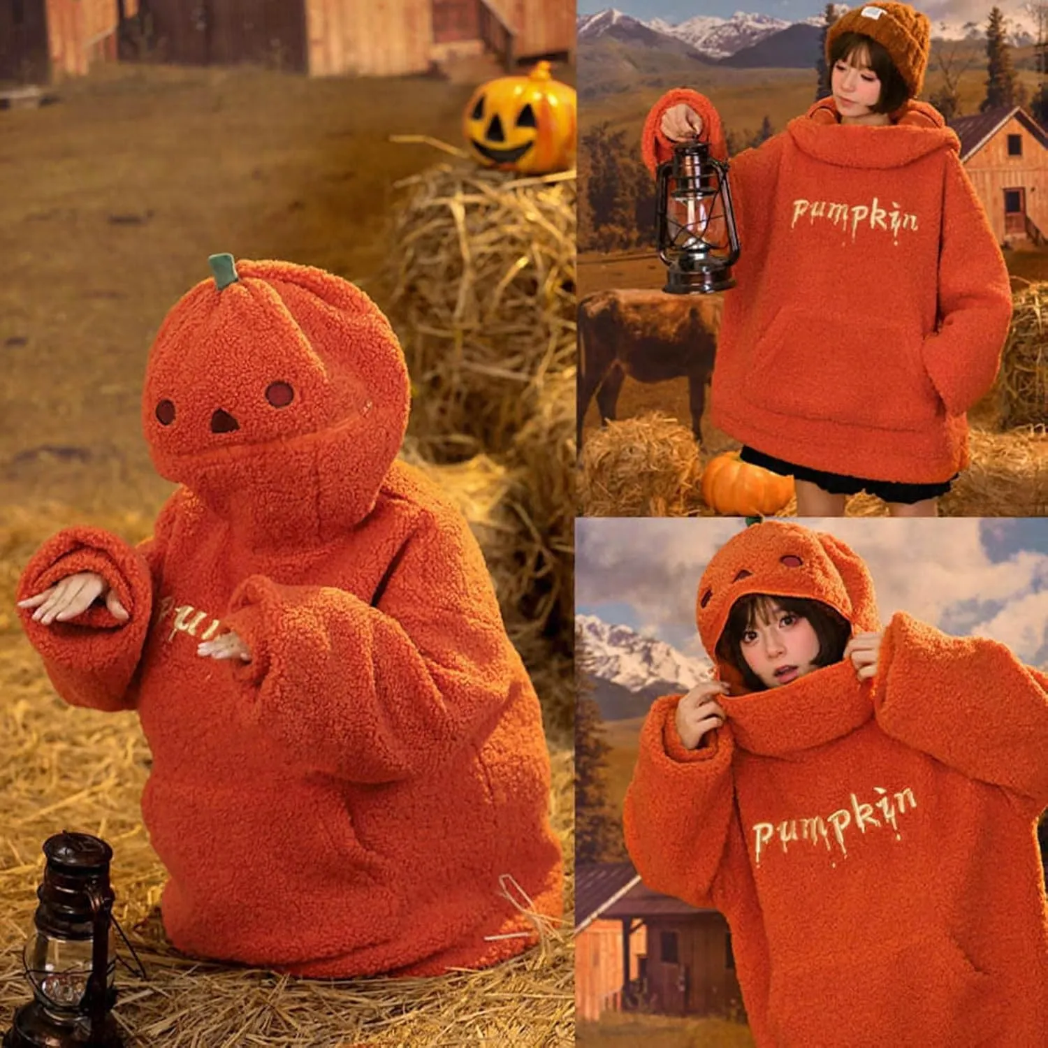 Womens Cute Pumpkin Hoodies Oversized Sherpa Fuzzy Warm Pullover Kawaii Hooded Sweatshirts Funny Halloween Costumes