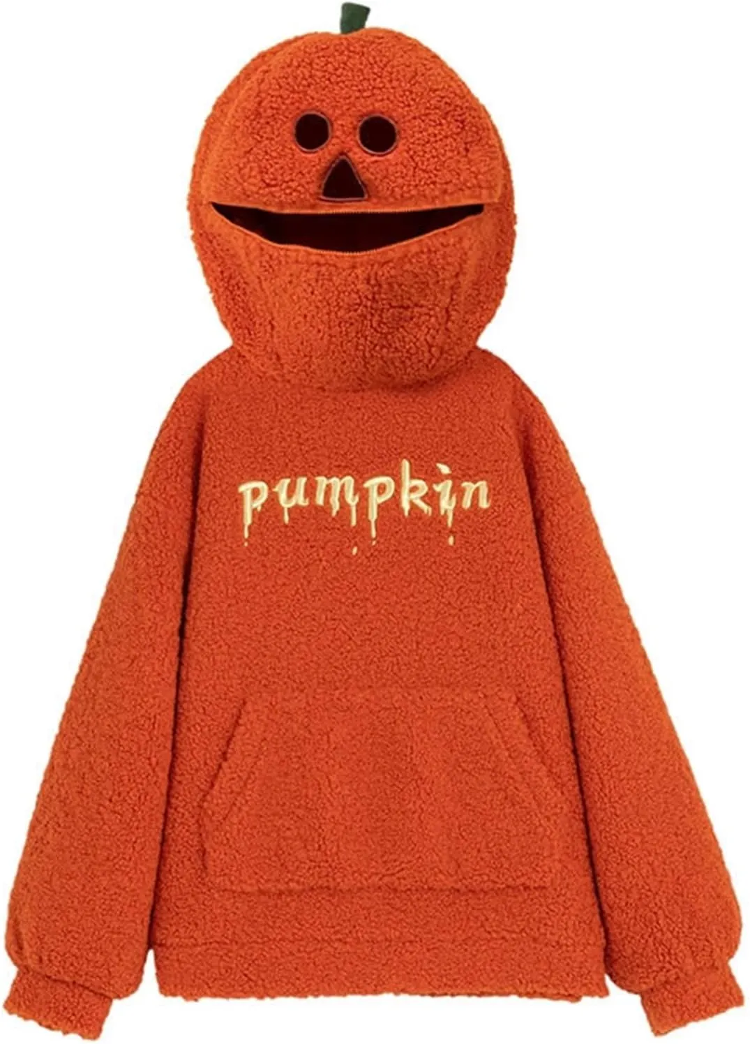 Womens Cute Pumpkin Hoodies Oversized Sherpa Fuzzy Warm Pullover Kawaii Hooded Sweatshirts Funny Halloween Costumes