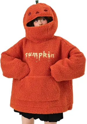 Womens Cute Pumpkin Hoodies Oversized Sherpa Fuzzy Warm Pullover Kawaii Hooded Sweatshirts Funny Halloween Costumes