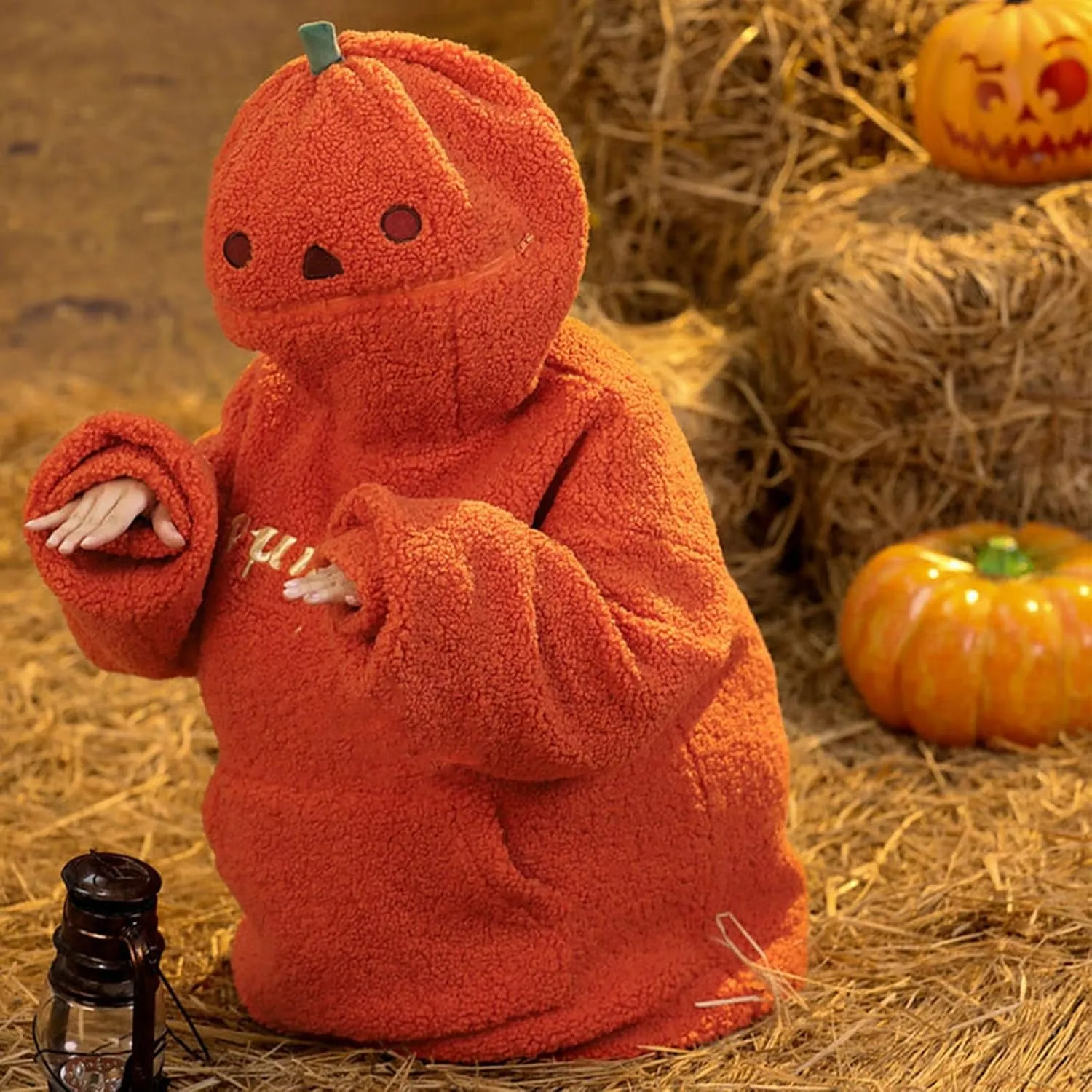 Womens Cute Pumpkin Hoodies Oversized Sherpa Fuzzy Warm Pullover Kawaii Hooded Sweatshirts Funny Halloween Costumes