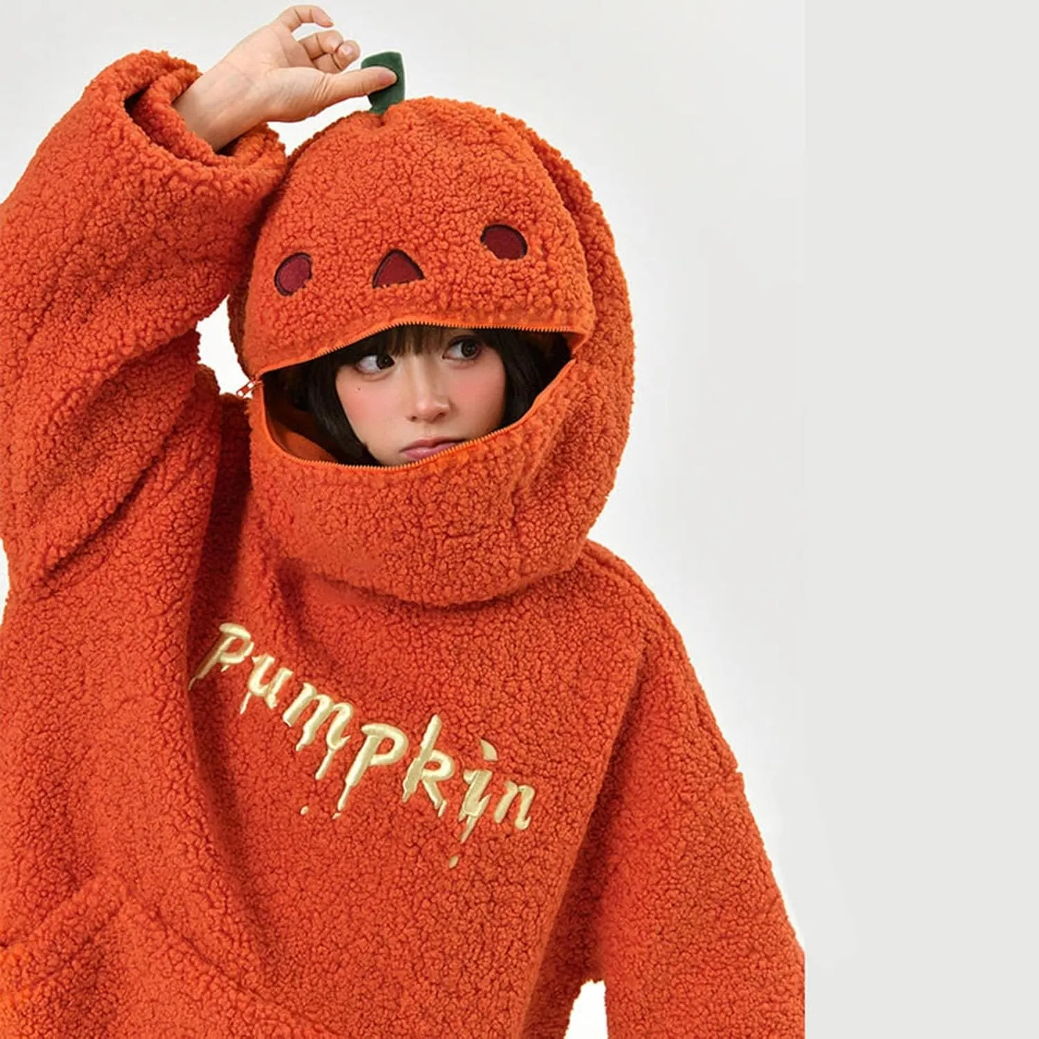 Womens Cute Pumpkin Hoodies Oversized Sherpa Fuzzy Warm Pullover Kawaii Hooded Sweatshirts Funny Halloween Costumes