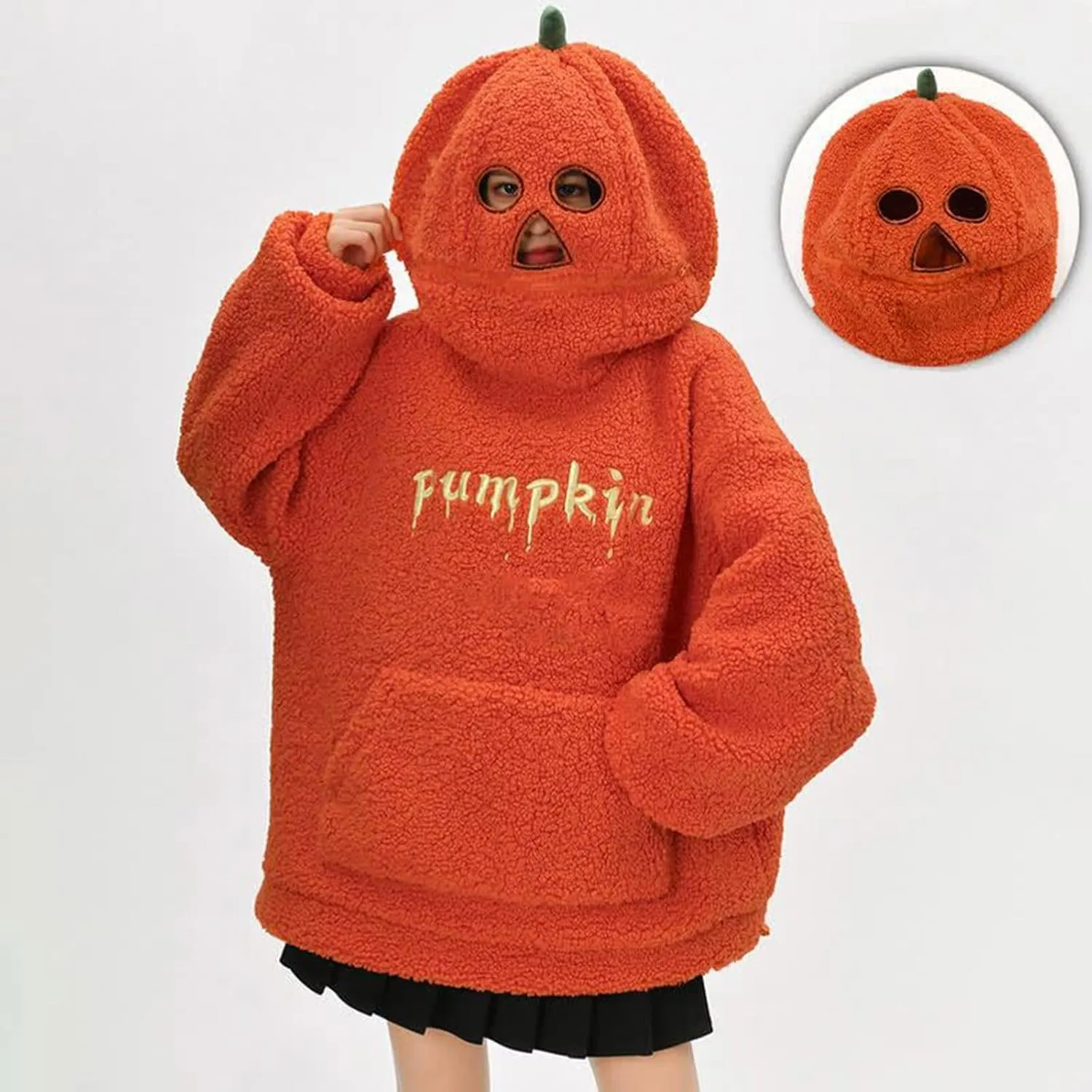 Womens Cute Pumpkin Hoodies Oversized Sherpa Fuzzy Warm Pullover Kawaii Hooded Sweatshirts Funny Halloween Costumes