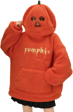 Womens Cute Pumpkin Hoodies Oversized Sherpa Fuzzy Warm Pullover Kawaii Hooded Sweatshirts Funny Halloween Costumes