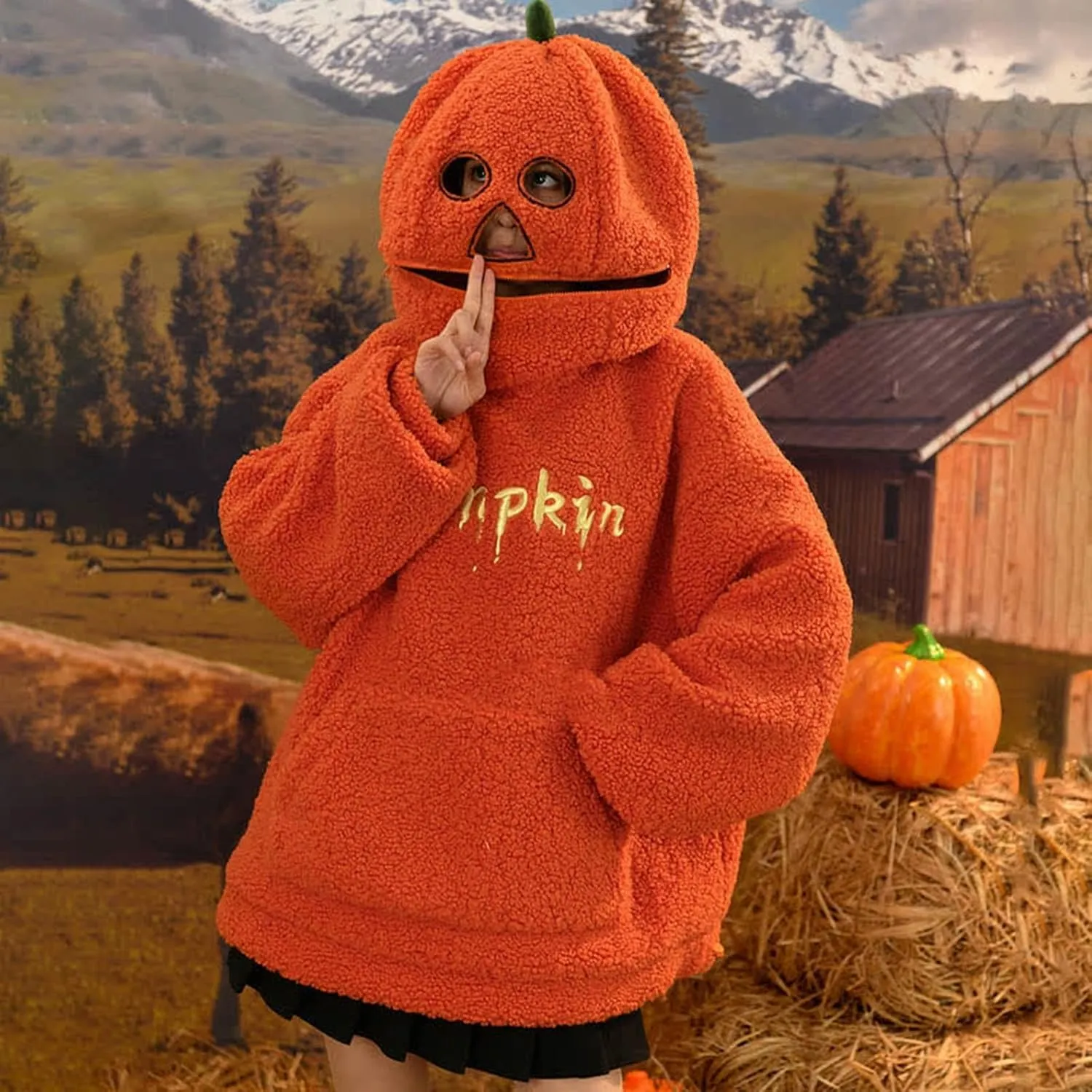 Womens Cute Pumpkin Hoodies Oversized Sherpa Fuzzy Warm Pullover Kawaii Hooded Sweatshirts Funny Halloween Costumes