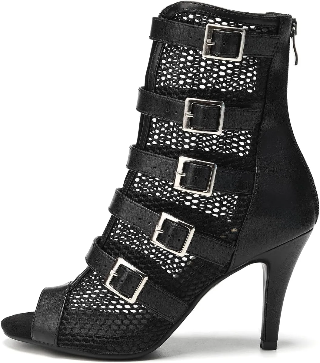 Women's Dance Heels Black Zipper Peep Toe Salsa Ballroom Ankle Dance Boots Rubber Sole