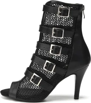 Women's Dance Heels Black Zipper Peep Toe Salsa Ballroom Ankle Dance Boots Rubber Sole