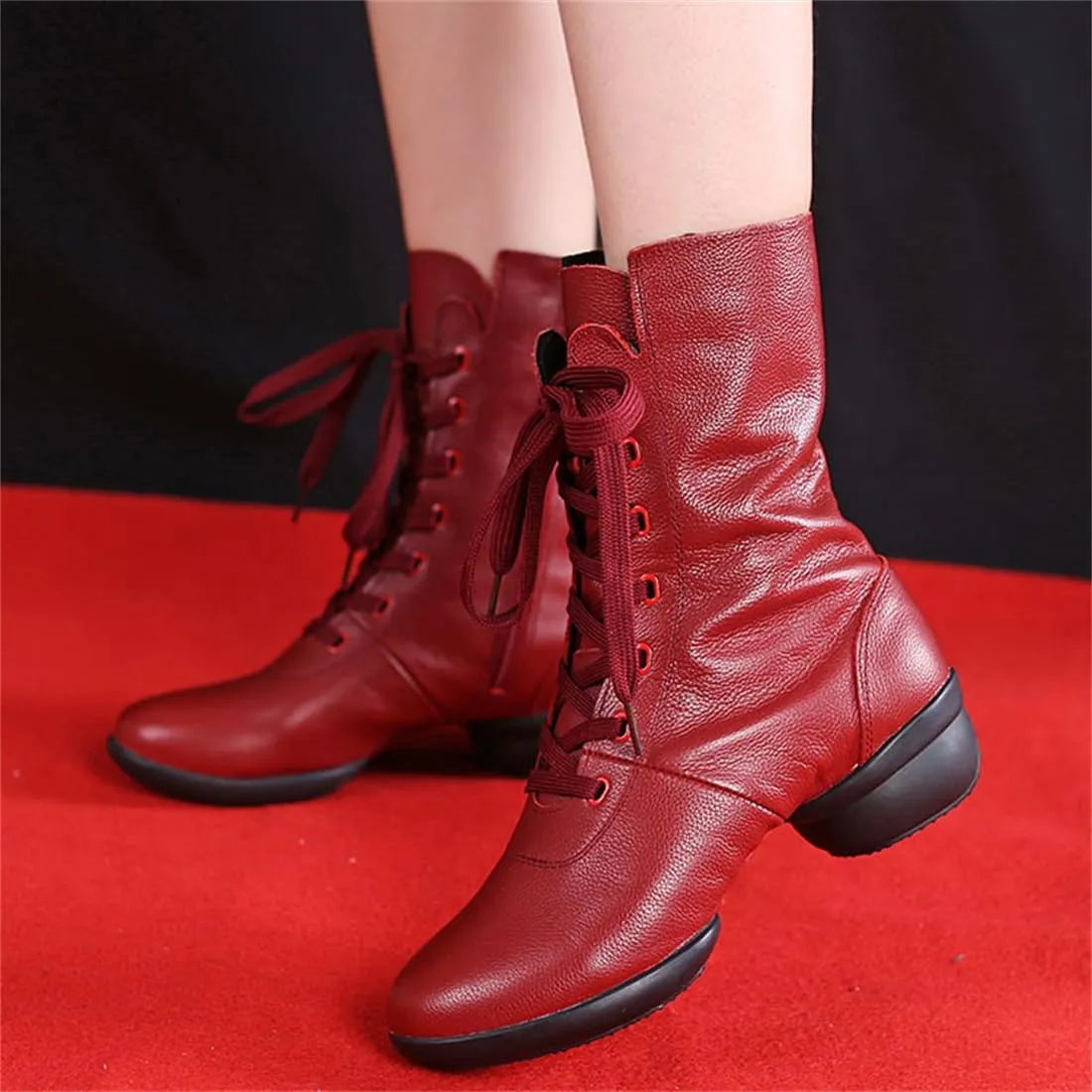 Womens Dancing Boots Lightweight Comfy Platform Dance Shoes Lace-Up Fashion Split Sole Dance Sneakers