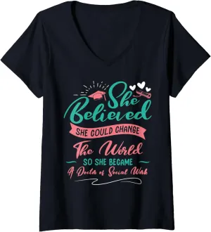 Womens DSW Graduation - So She Became A Doctor Of Social Work V-Neck T-Shirt