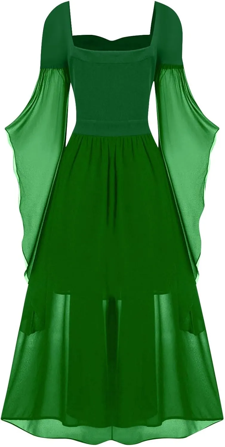 Women's Gothic Punk Dress Cold Shoulder Butterfly Sleeve Dress Halloween Dress Trumpet Sleeves Chemise Boho Set
