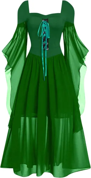 Women's Gothic Punk Dress Cold Shoulder Butterfly Sleeve Dress Halloween Dress Trumpet Sleeves Chemise Boho Set