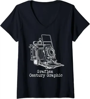 Womens Graflex Century Graphic retro vintage camera V-Neck T-Shirt