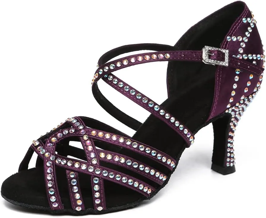 Women's Latin Dance Shoes Rhinestones Professional Ballroom Salsa Dance Shoes Suede Sole