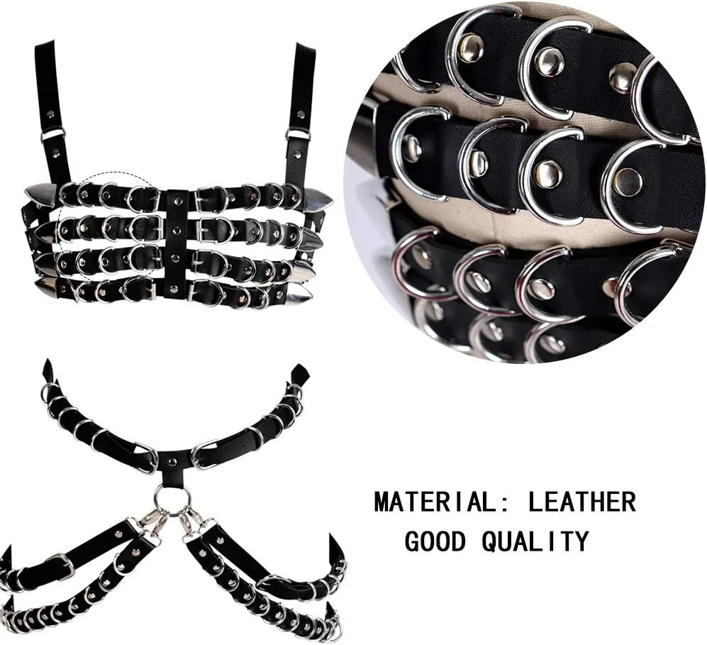 Women's Leather Body Harness Bra Garter Belt Set Punk Gothic Dance Carnival Costume Accessories