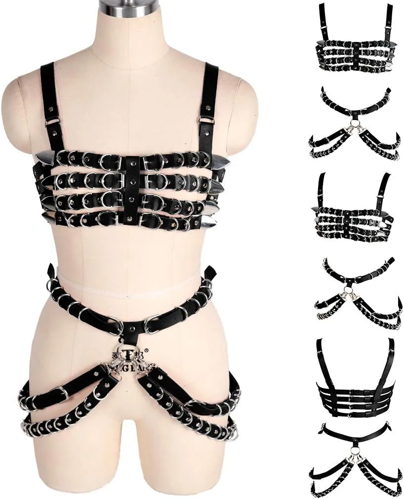 Women's Leather Body Harness Bra Garter Belt Set Punk Gothic Dance Carnival Costume Accessories