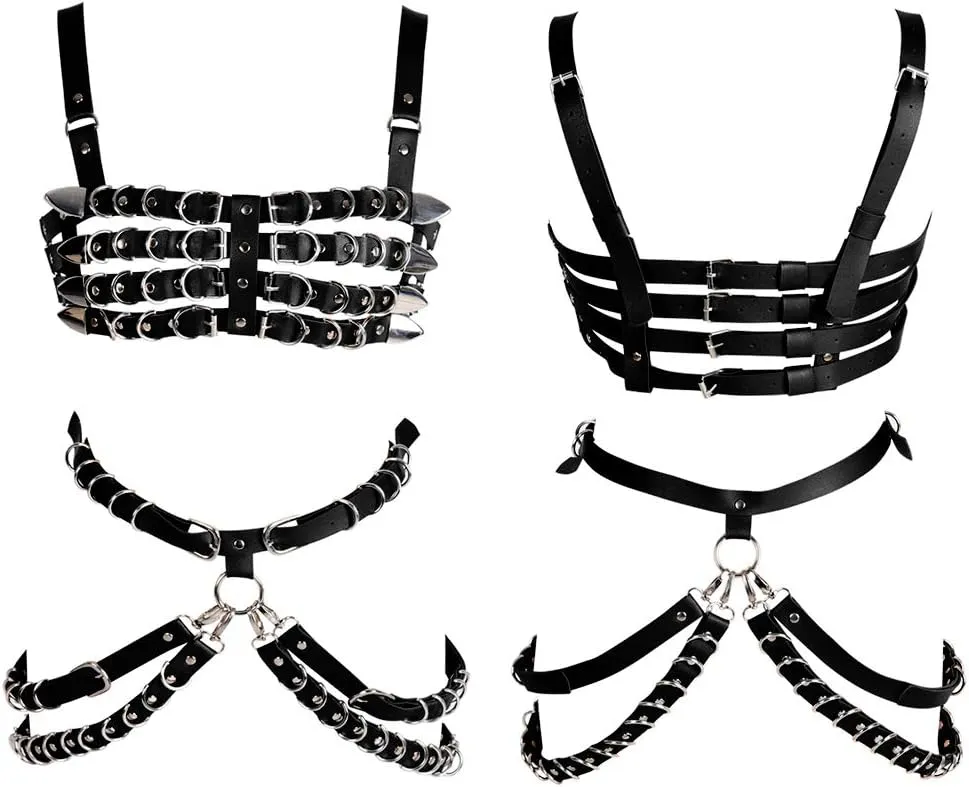Women's Leather Body Harness Bra Garter Belt Set Punk Gothic Dance Carnival Costume Accessories