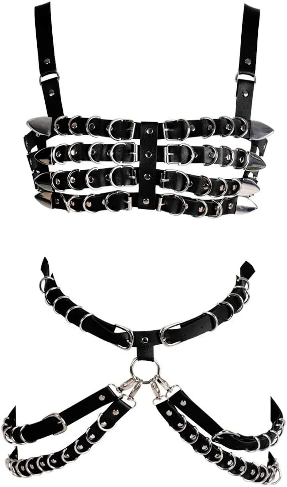 Women's Leather Body Harness Bra Garter Belt Set Punk Gothic Dance Carnival Costume Accessories