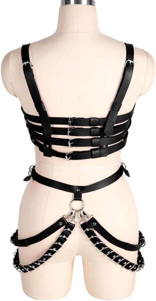 Women's Leather Body Harness Bra Garter Belt Set Punk Gothic Dance Carnival Costume Accessories
