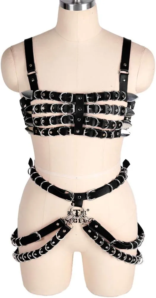 Women's Leather Body Harness Bra Garter Belt Set Punk Gothic Dance Carnival Costume Accessories