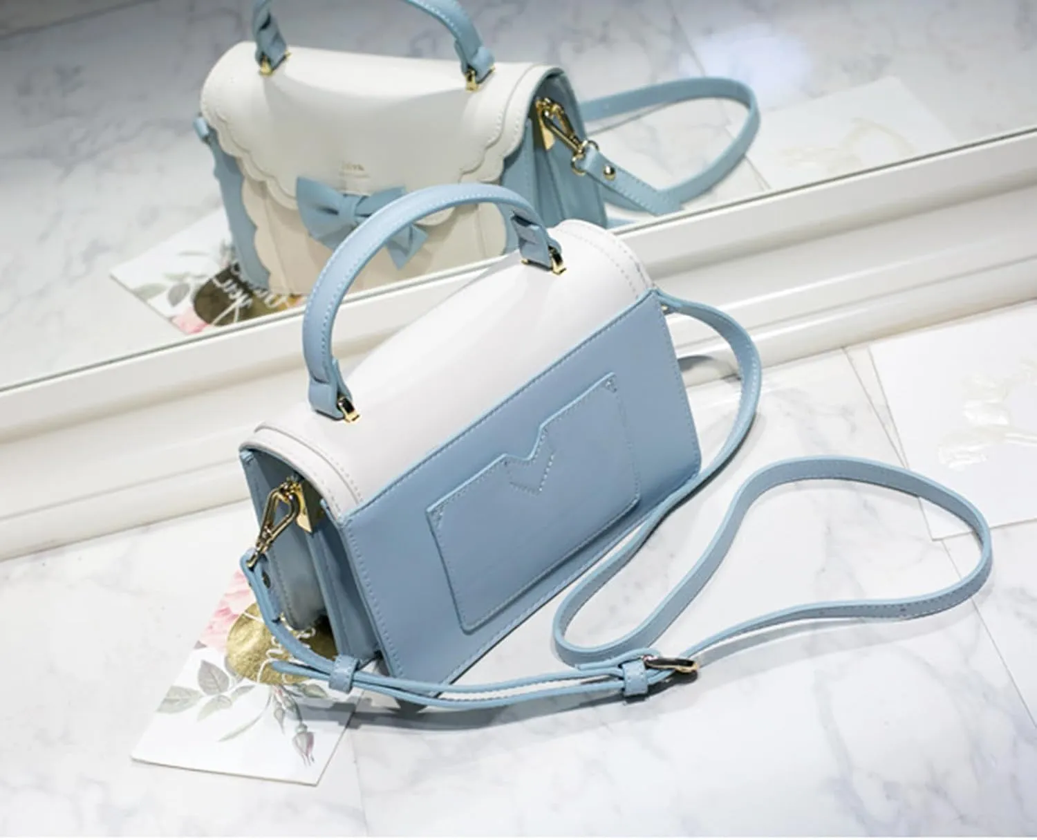 Women's Lolita Messenger Bag Sweet Bowknot Fashion PU Leather Satchel Handbag Anime Crossbody Shoulder Bag