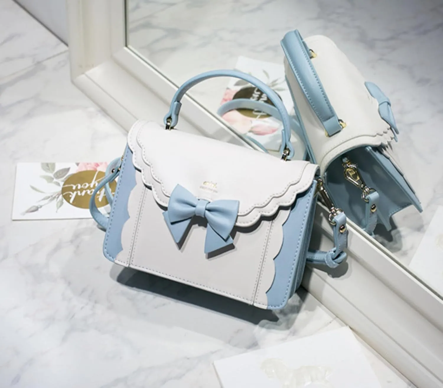 Women's Lolita Messenger Bag Sweet Bowknot Fashion PU Leather Satchel Handbag Anime Crossbody Shoulder Bag