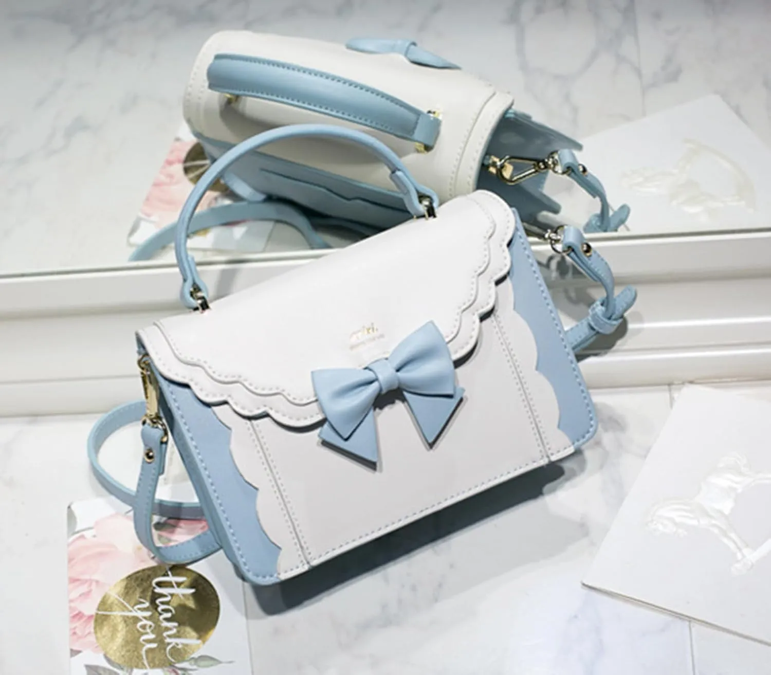 Women's Lolita Messenger Bag Sweet Bowknot Fashion PU Leather Satchel Handbag Anime Crossbody Shoulder Bag