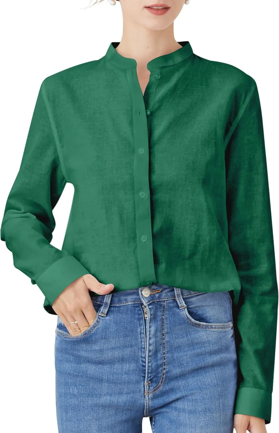 Women's Mandarin Collar Button-Down Shirts Casual Cotton Long Sleeve Blouses