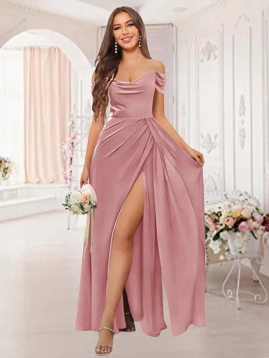 Women‘s Off The Shoulder Bridesmaid Dresses Long Pleated Chiffon Long Formal Evening Gown with Slit